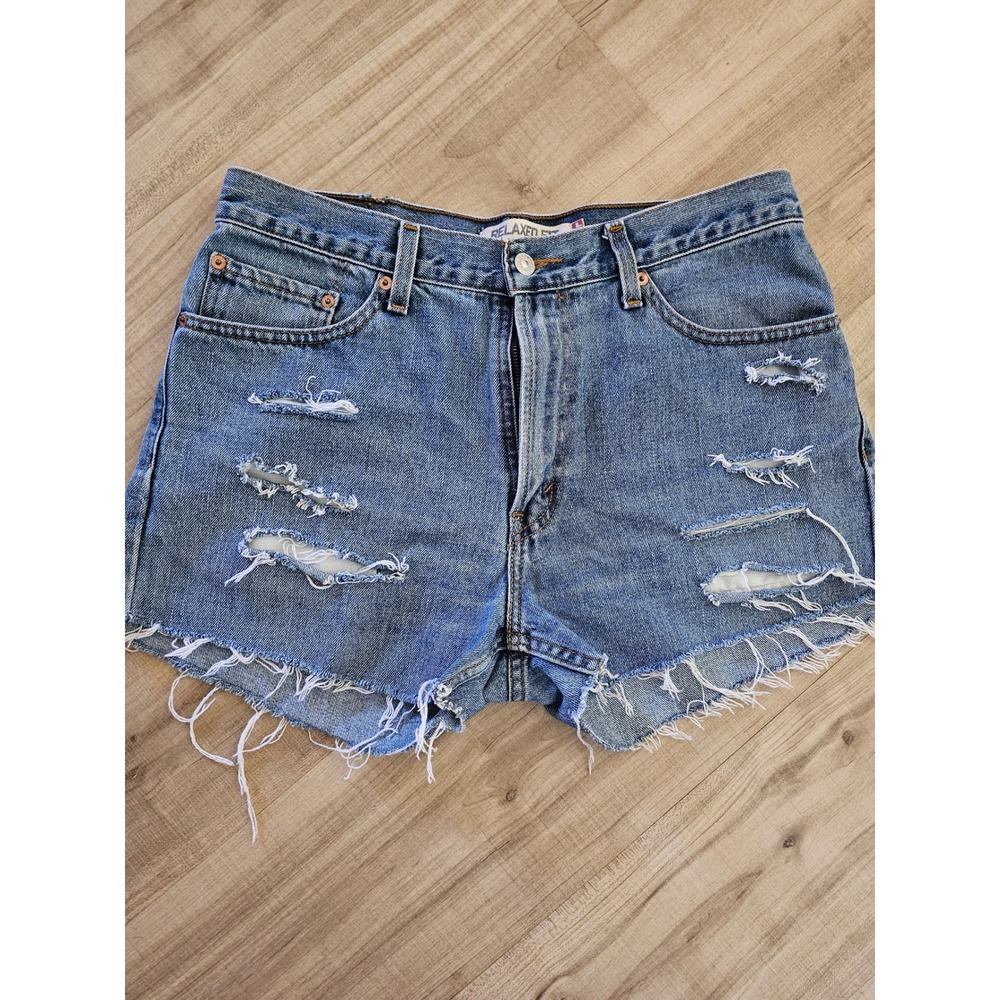 Levis 550 Relaxed Fit Cut Off Distressed Denim Shorts Blue Womens